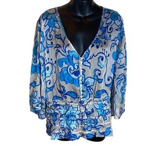 Soft surroundings 100% silk sheer top smocked art to wear dopamine med floral